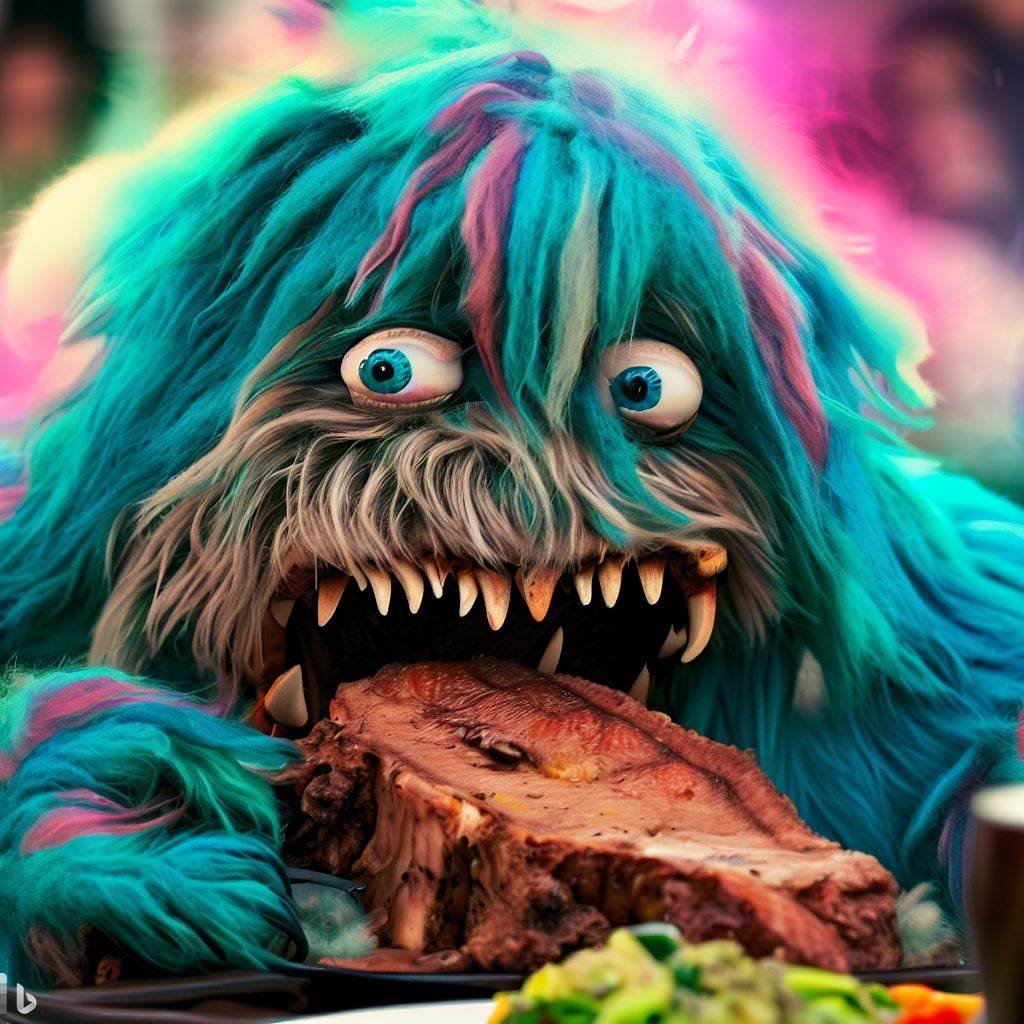 Monsterasaurus Rex eating a four inch thick slab of prime rib